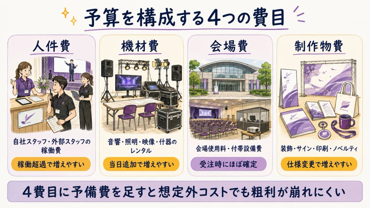 図1:予算を構成する4費目(人件費/機材費/会場費/制作物)早見表