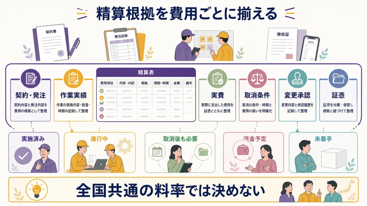 fig1:契約・作業実績・実費・取消条件・承認を並べる精算根拠早見表