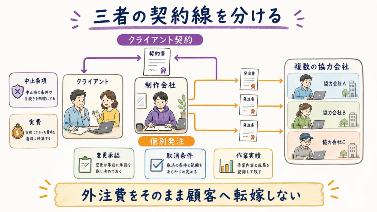 fig2:クライアント・制作会社・協力会社の契約と支払関係を分ける三者図