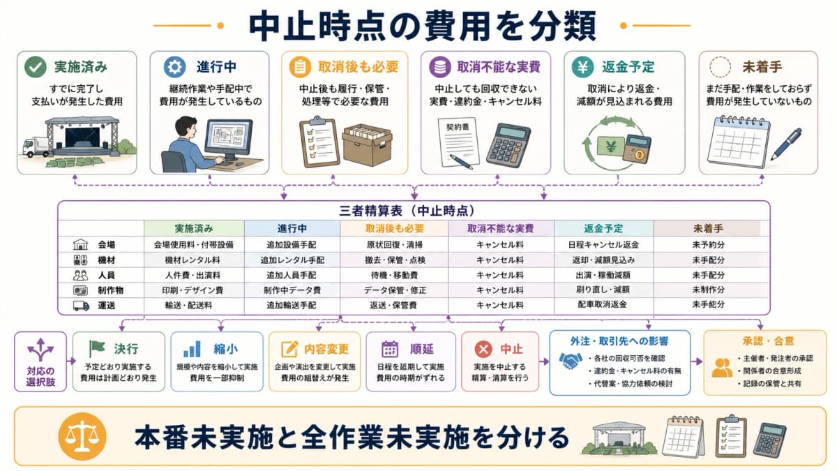 fig3:実施済み・進行中・取消不能実費・未実施を分ける三者精算表