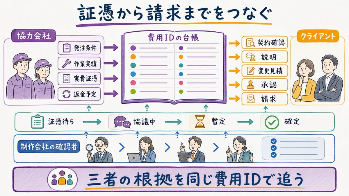 fig4:協力会社の証憑回収から変更見積・承認・請求へ進むフロー