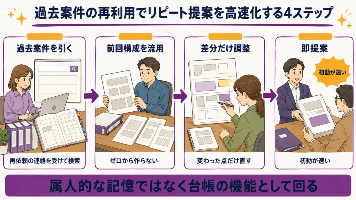 図4:過去案件再利用によるリピート提案の高速化ステップ図