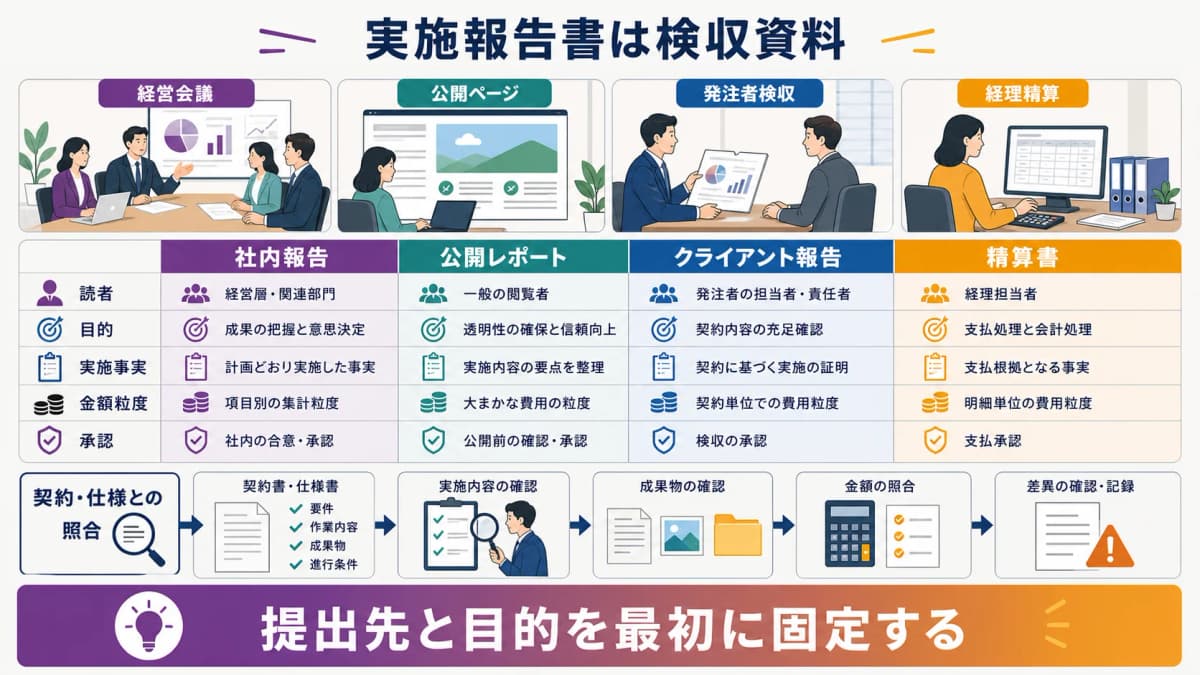 fig1:社内報告・公開レポート・クライアント報告・精算書の読者と目的を比べる図