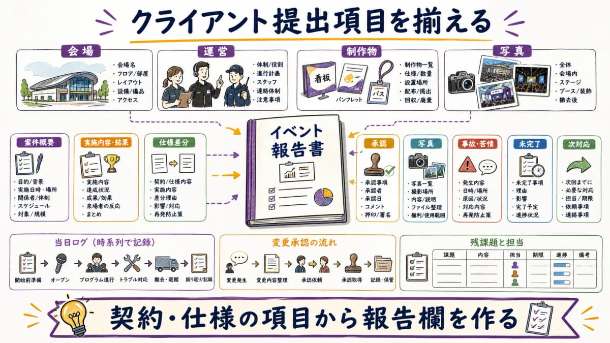 fig2:実施内容・結果・仕様差分・承認・写真・事故・未完了・次対応を並べる項目早見表