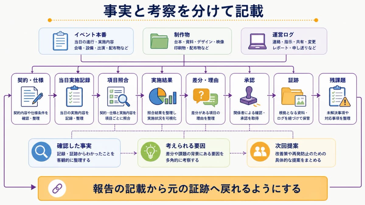 fig3:契約・仕様と実施記録を照合し差分・承認・証跡を報告欄へ写す作成フロー