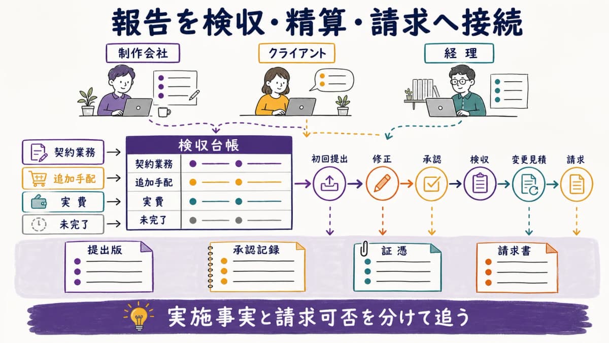 fig4:追加手配・実費・未完了を分け提出・修正・承認・検収・請求へつなぐ検収線