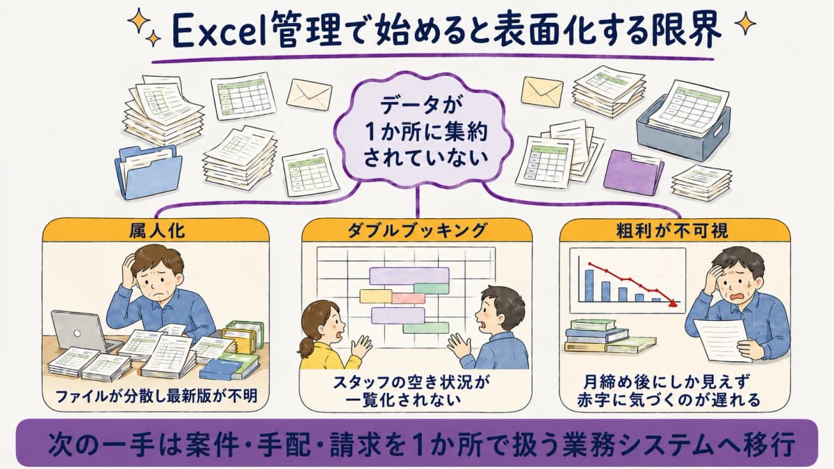 図解4:Excelスタートの限界点(属人化・ダブルブッキング・粗利不可視)マップ