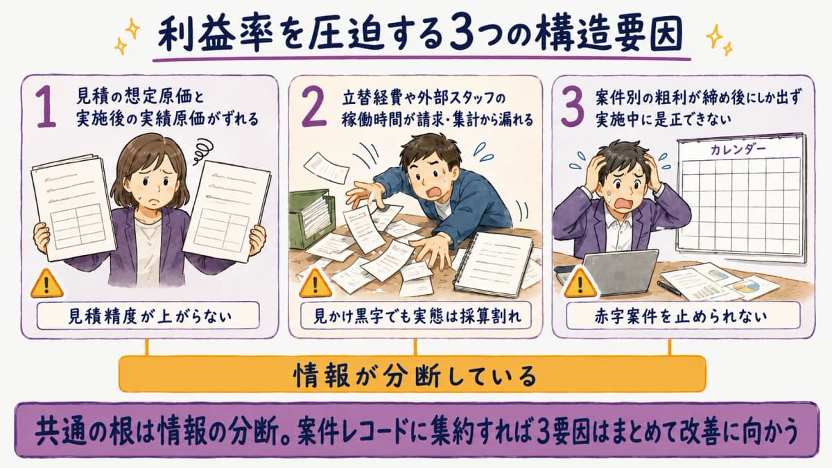 図解2:利益率を圧迫する3つの構造要因の整理図