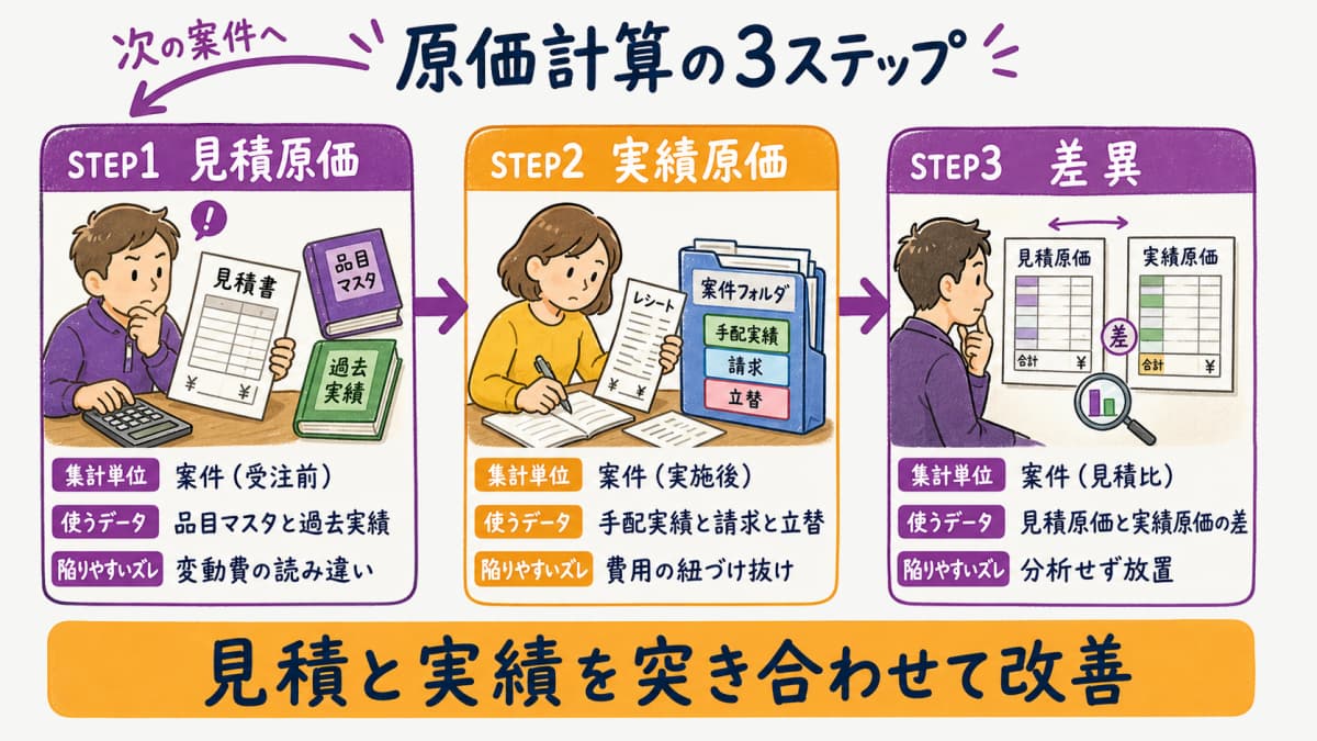 fig4:原価計算3ステップのフロー(見積原価→実績原価→差異分析→次案件へ)