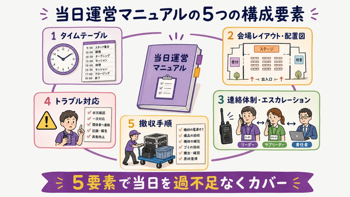 fig1:当日運営マニュアルを構成する5つの必須要素の全体像