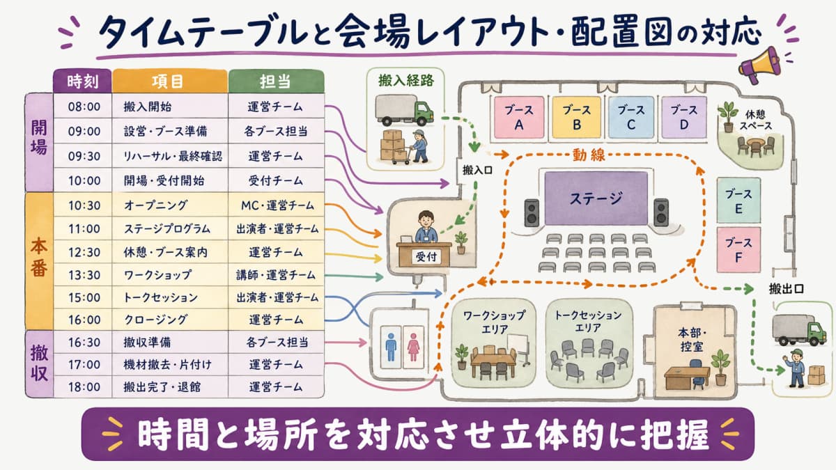 fig3:タイムテーブルと会場レイアウト・配置図の対応サンプル