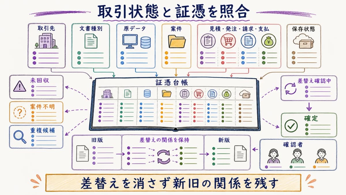 fig4:取引先・金額・日付・案件と原データの未回収・重複・差替えを追う証憑台帳