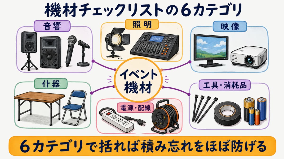 fig1:6カテゴリ(音響/照明/映像/什器/電源・配線/工具・消耗品)の全体構造