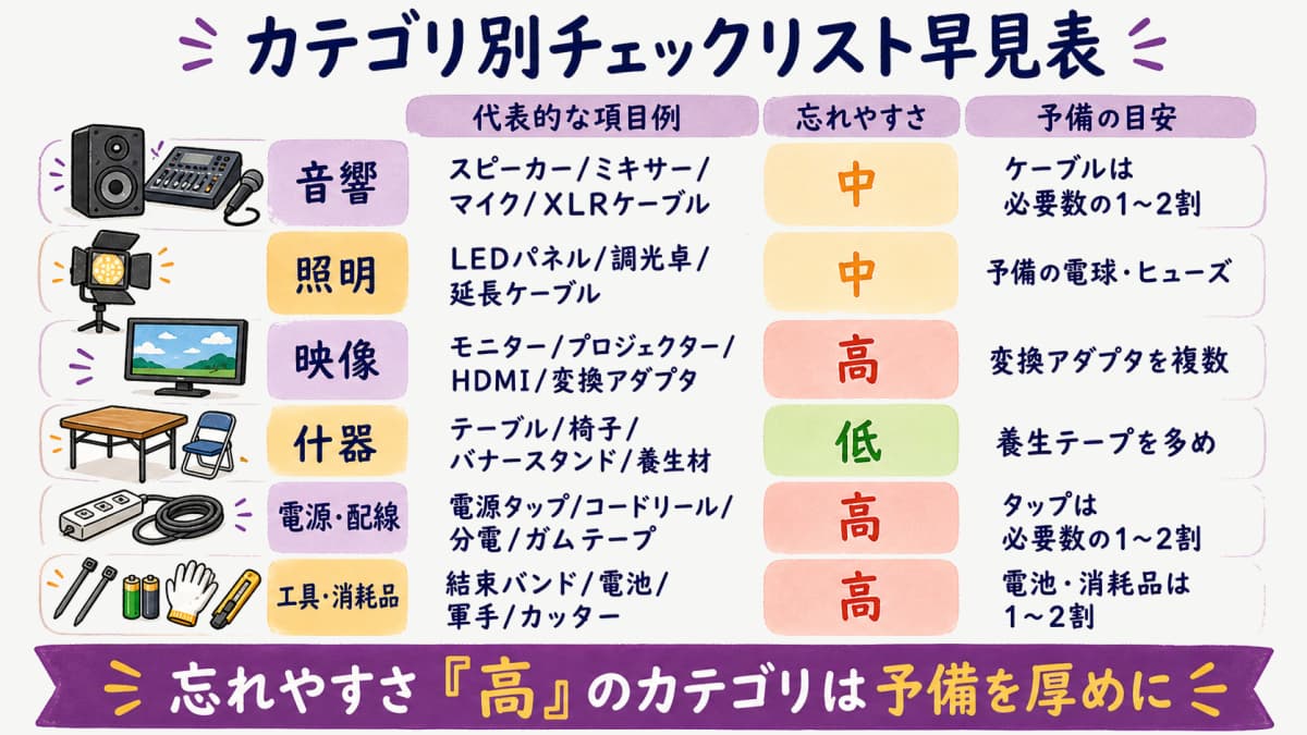 fig2:カテゴリ別チェックリスト項目の一覧(代表項目例と忘れやすさ)