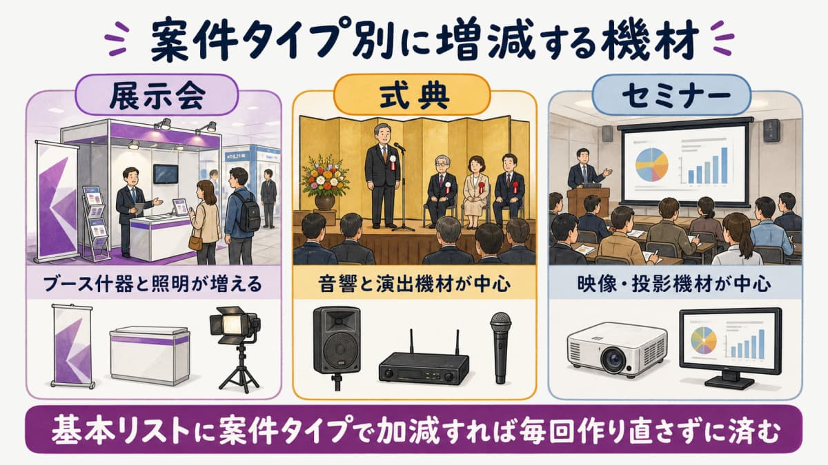 fig3:案件タイプ別(展示会/式典/セミナー)に増減する機材の対応