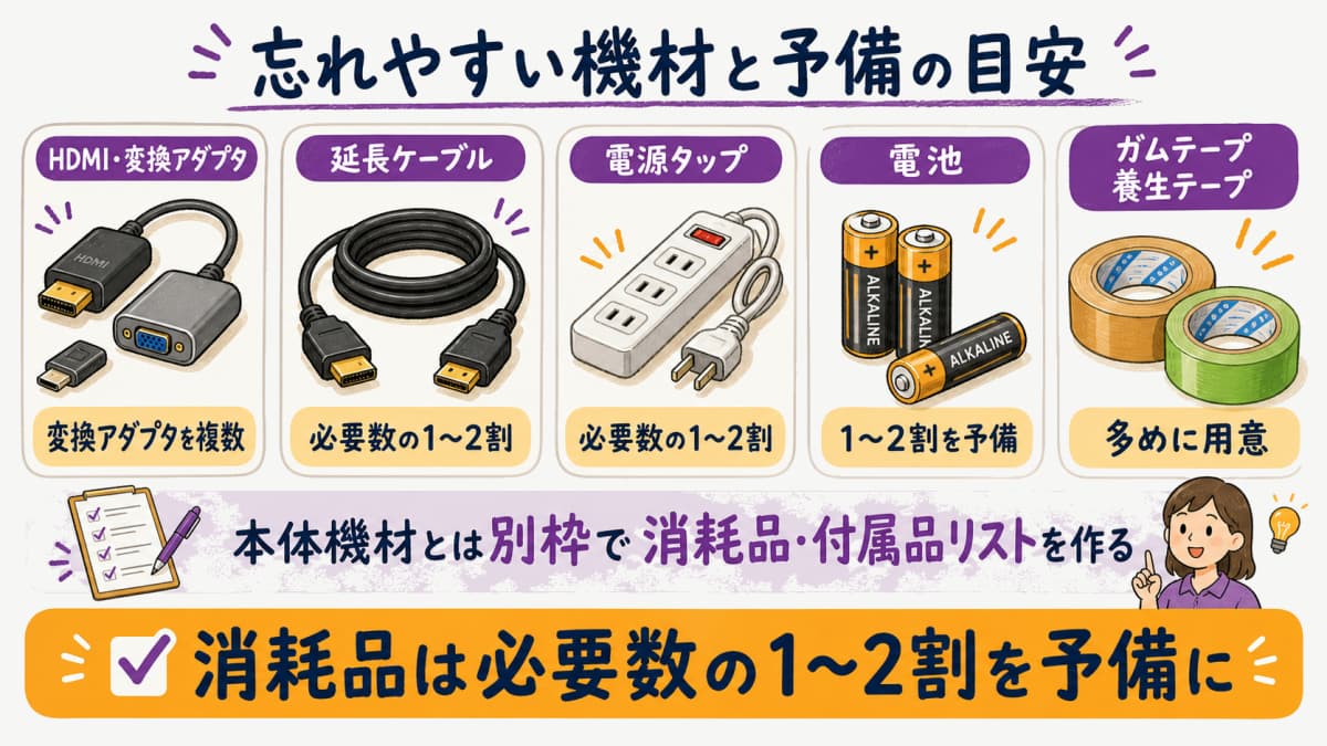 fig4:忘れやすい機材と予備数量の目安(必要数の1〜2割など)