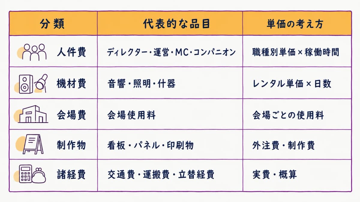 図解2:イベント見積品目4分類の早見表(分類・代表項目・単価の例)