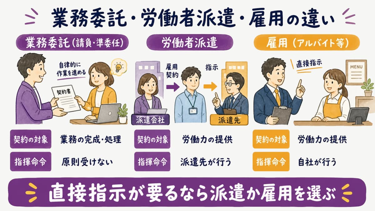 fig1:業務委託(請負・準委任)/労働者派遣/雇用の違い比較表