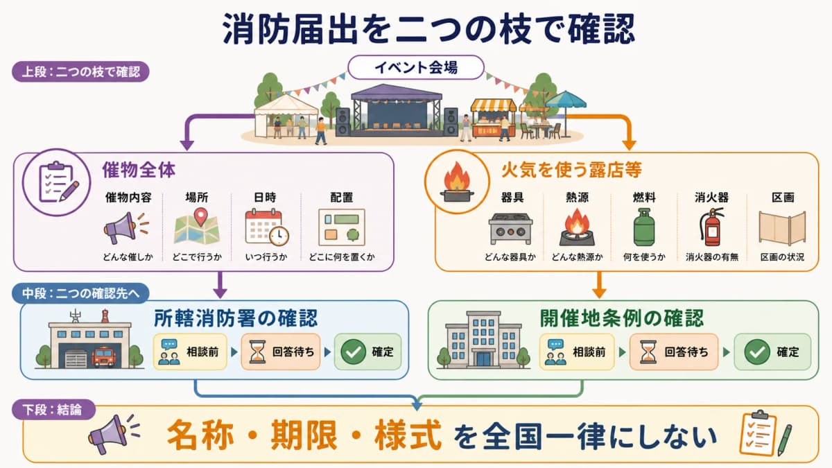 fig1:催物全体と火気を使う露店等を二つの判定枝に分ける消防届出フロー