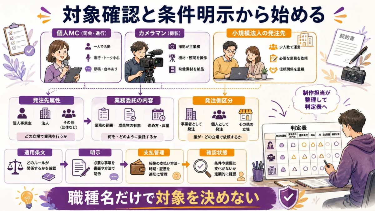 fig1:発注先属性と業務委託の内容からフリーランス法の適用入口を確認する図