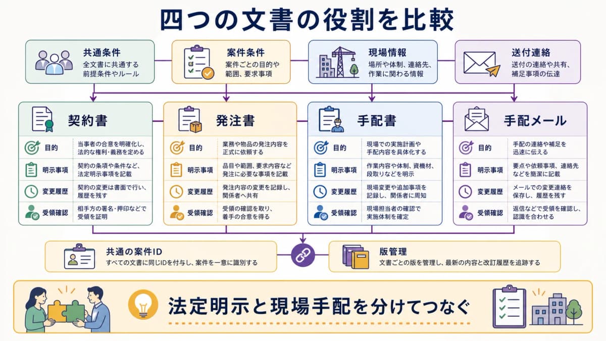 fig2:契約書・発注書・手配書・手配メールの目的と保持情報を比べる図