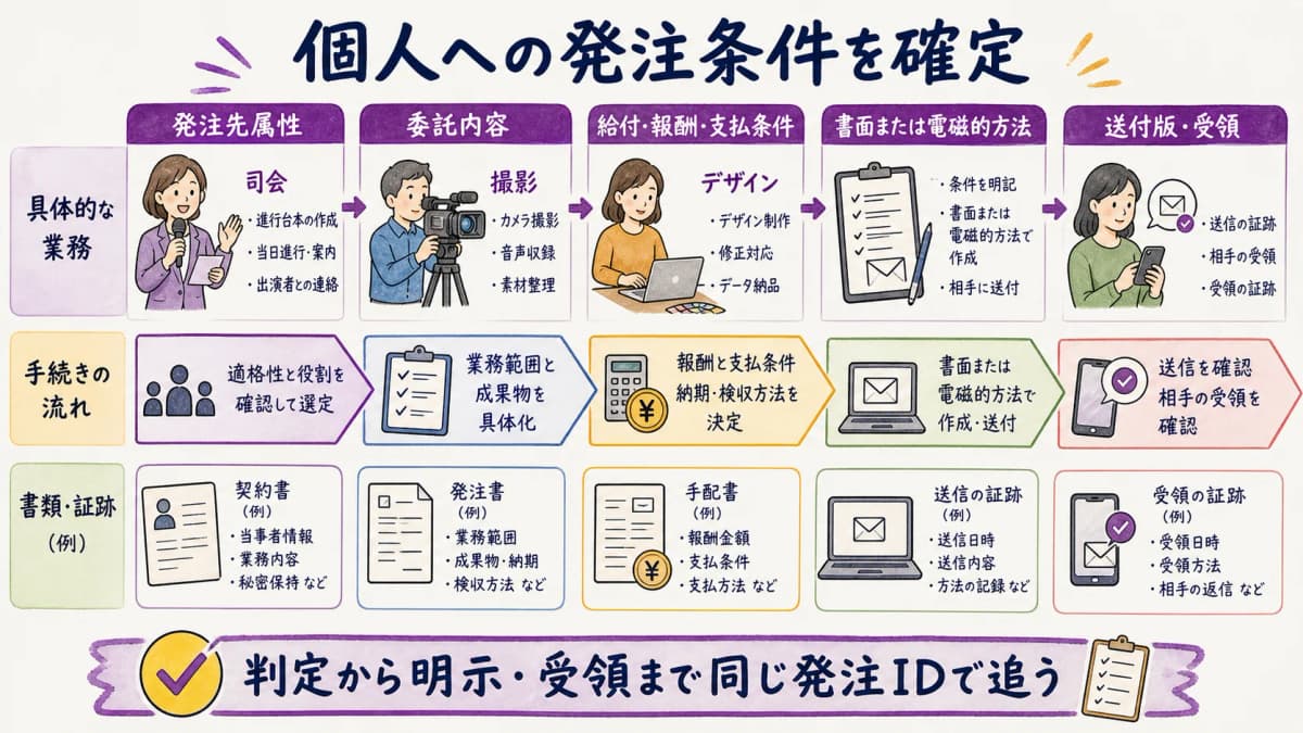 fig3:発注先と委託内容の判定から明示事項の送付・受領へ進むフロー