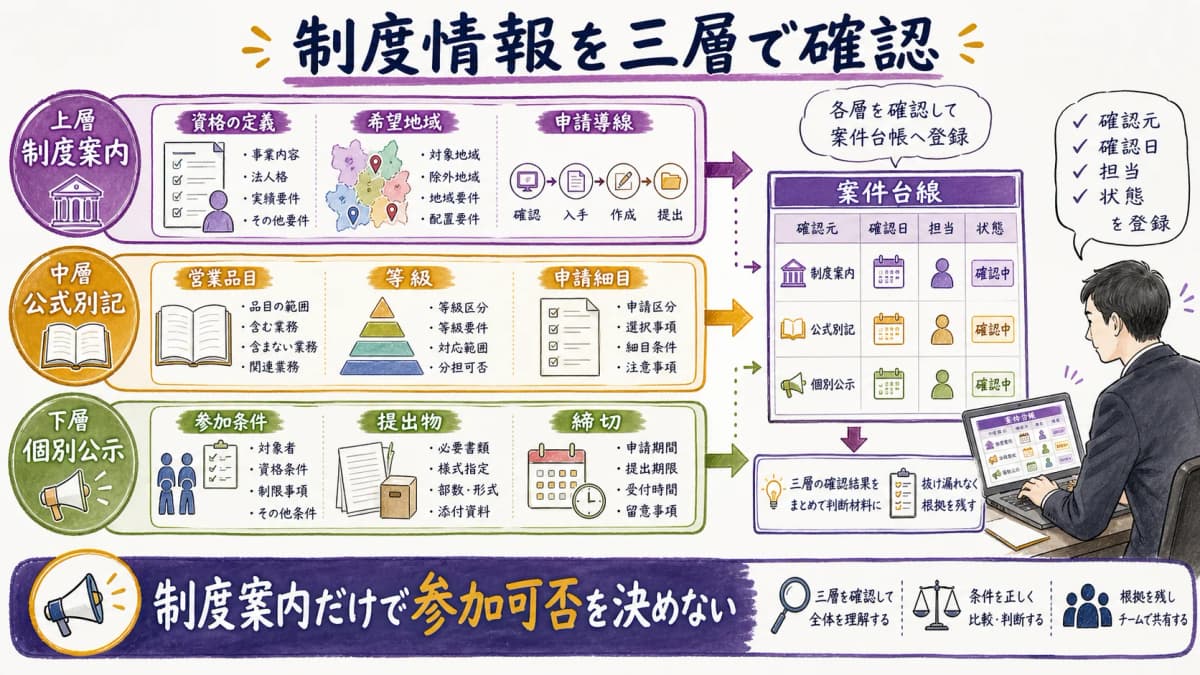 fig1:制度案内・公式別記・個別公示で確認する情報を分ける三層早見表