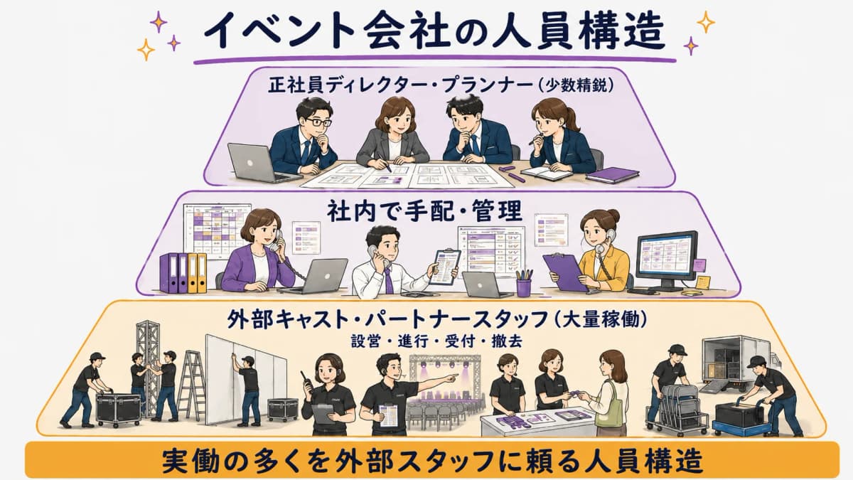 図解2:社員少・外部スタッフ多の人員構造ピラミッド図