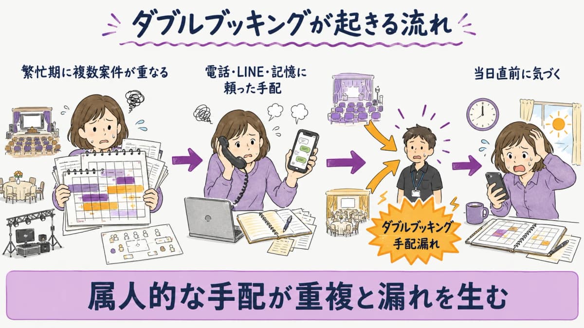 図解3:繁忙期のダブルブッキング発生メカニズム図(電話・LINE手配の重複)