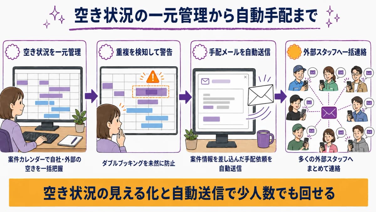 図解4:空き状況一元管理+手配メール自動送信の運用フロー図