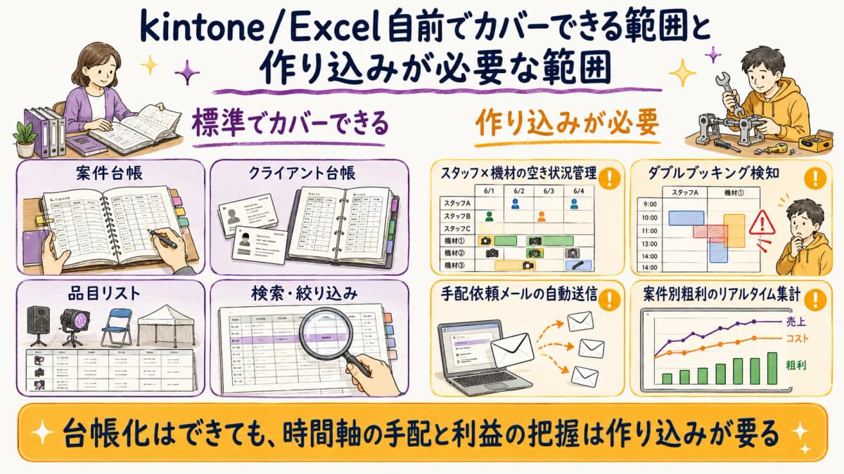 図解2:kintone/Excel自前管理でカバーできる範囲と作り込みが必要な範囲の境界図