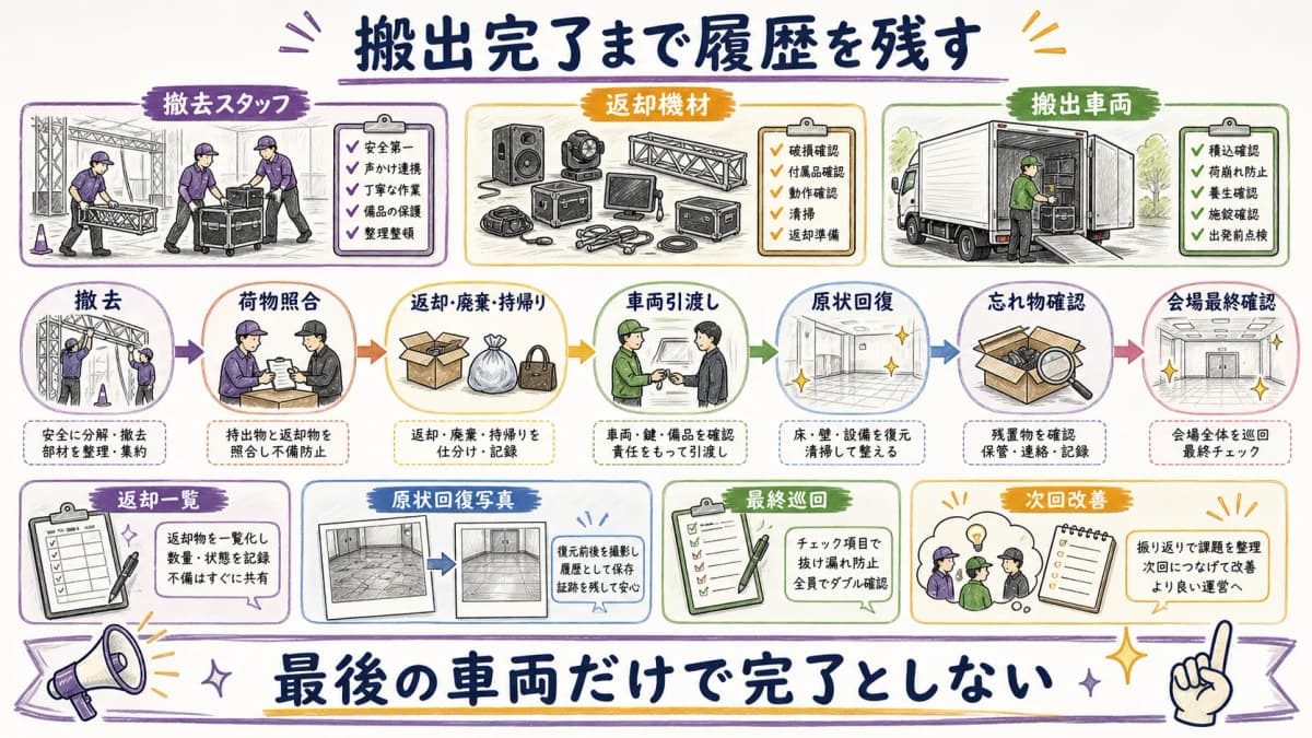 fig5:撤去・荷物照合・返却・原状回復・忘れ物確認から搬出完了へ進むフロー