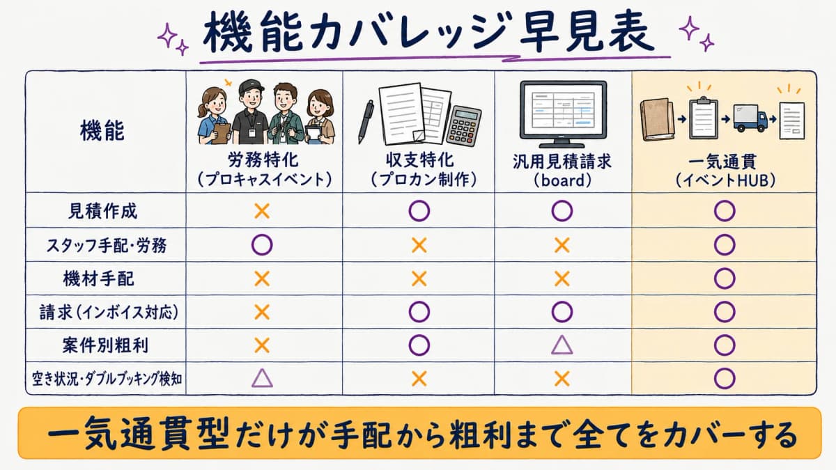 図解3:見積・手配・請求・粗利の機能カバレッジ早見表(○△×記号・公開情報ベース)