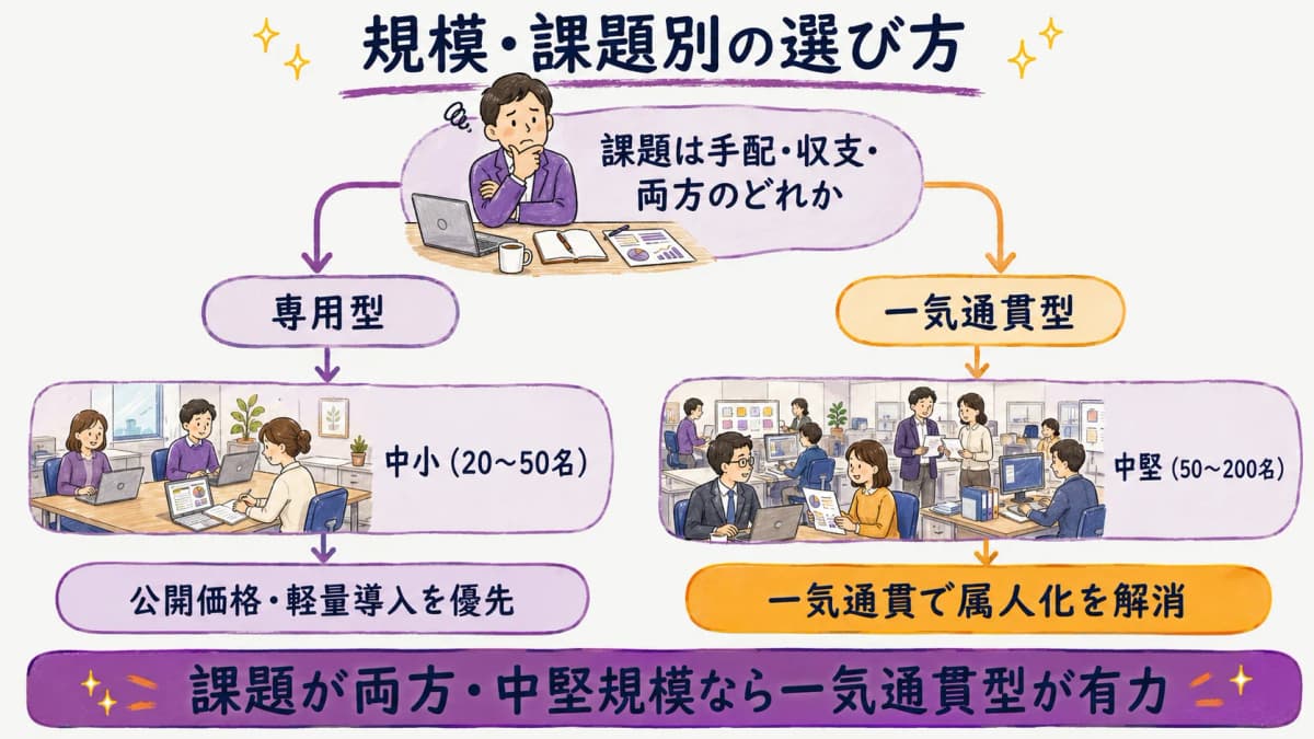 図解5:規模・課題別の選び方フローチャート(20〜50名/50〜200名の分岐)