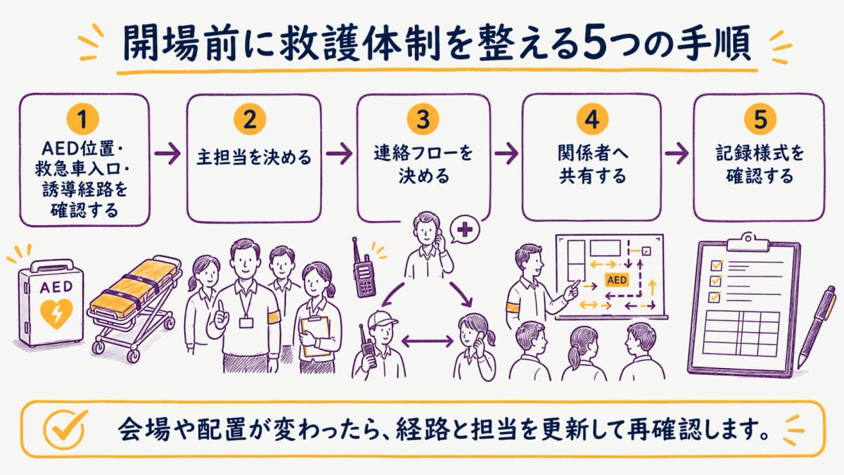 fig2:会場確認から役割共有・記録準備までの五つの手順