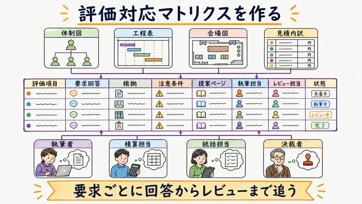 fig3:評価項目へ要求回答・根拠を割り当て提案ページ・担当・レビューを確定する手順図