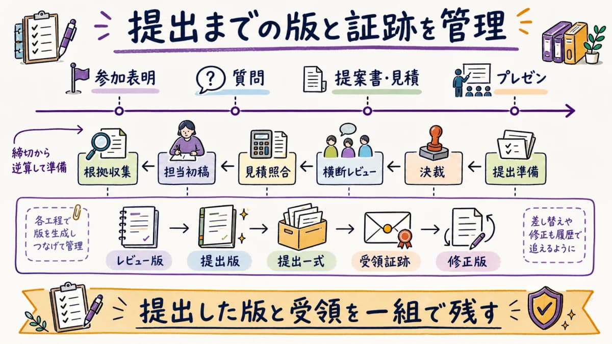fig5:参加表明・質問・提案・プレゼンを逆算しレビュー版・提出版・受領証跡を残す締切線
