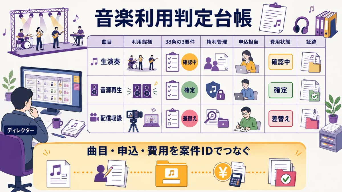 fig4:曲目・3要件・権利確認・申込・費用・証跡をまとめる利用台帳