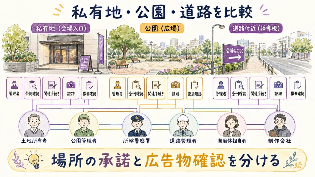 fig2:私有地・公園・道路で異なる確認主体と関連手続きを比べる図
