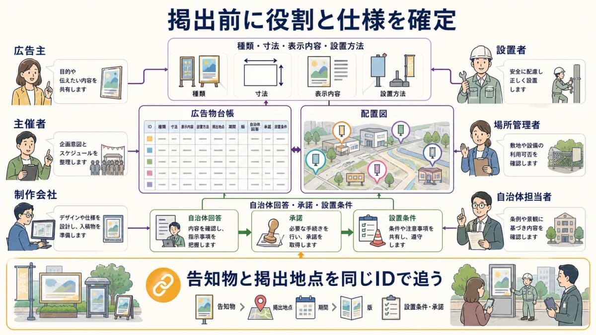 fig3:広告主・主催者・制作会社・設置者と告知物仕様を結ぶ関係者図