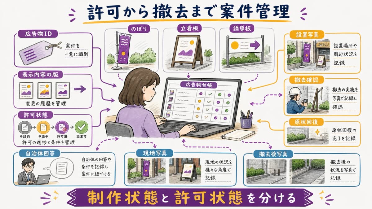 fig4:広告物ID・版・設置日・許可状態・設置写真・撤去確認を追う台帳