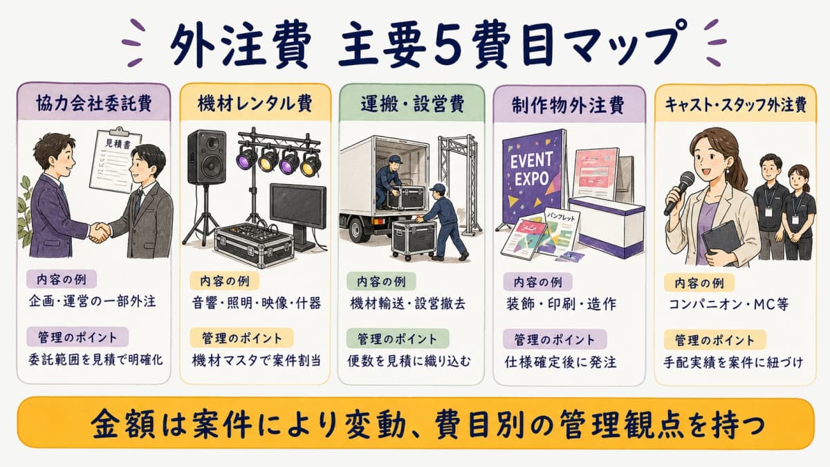 fig1:外注費 主要5費目マップ(協力会社/機材レンタル/運搬/制作物/キャスト外注)