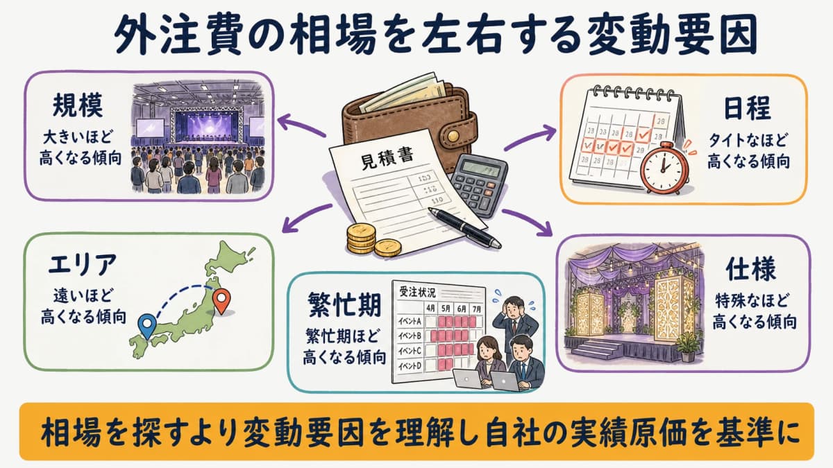 fig3:外注費の相場を左右する変動要因(規模・日程・エリア・繁忙期・仕様)