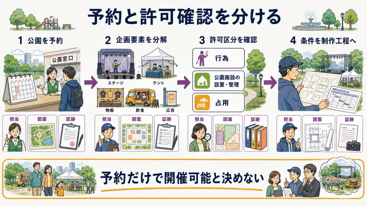 fig1:公園予約の後に実施行為・施設設置管理・占用を確認する入口フロー