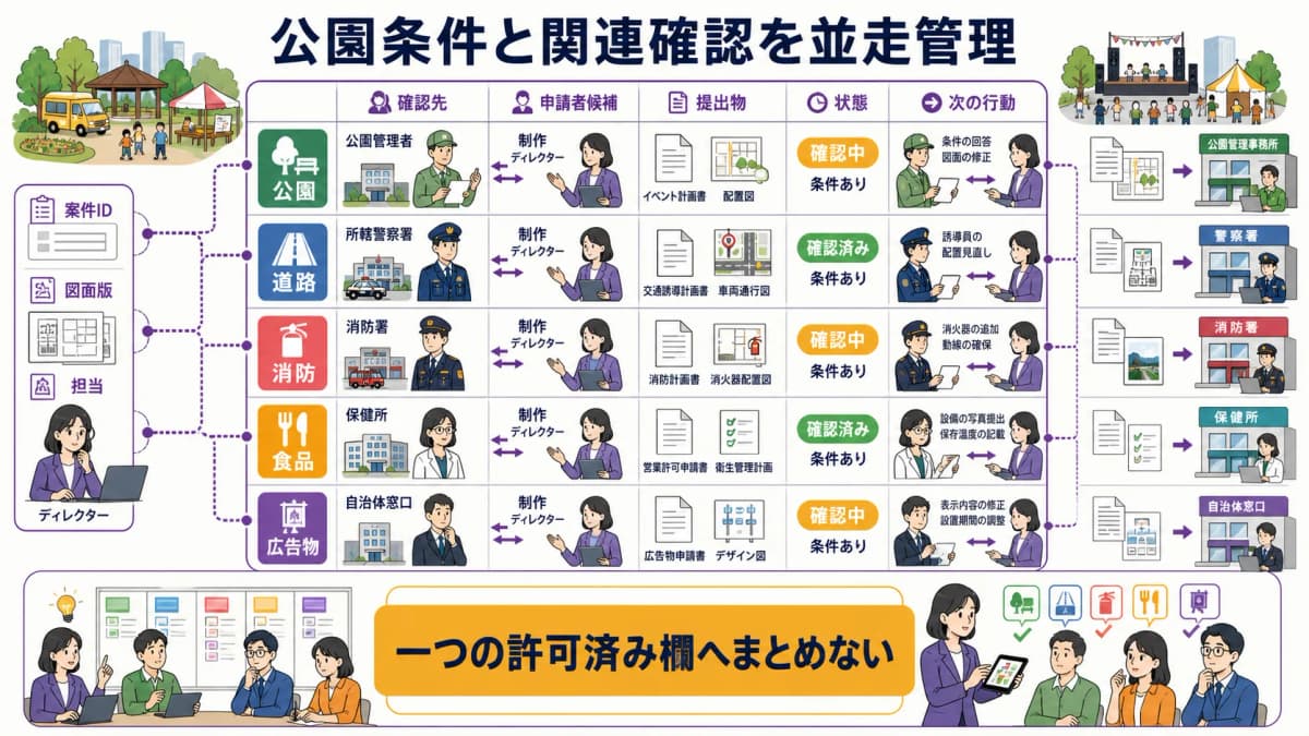 fig4:公園条件と道路・消防・食品・広告物の確認を分けて追う並走表