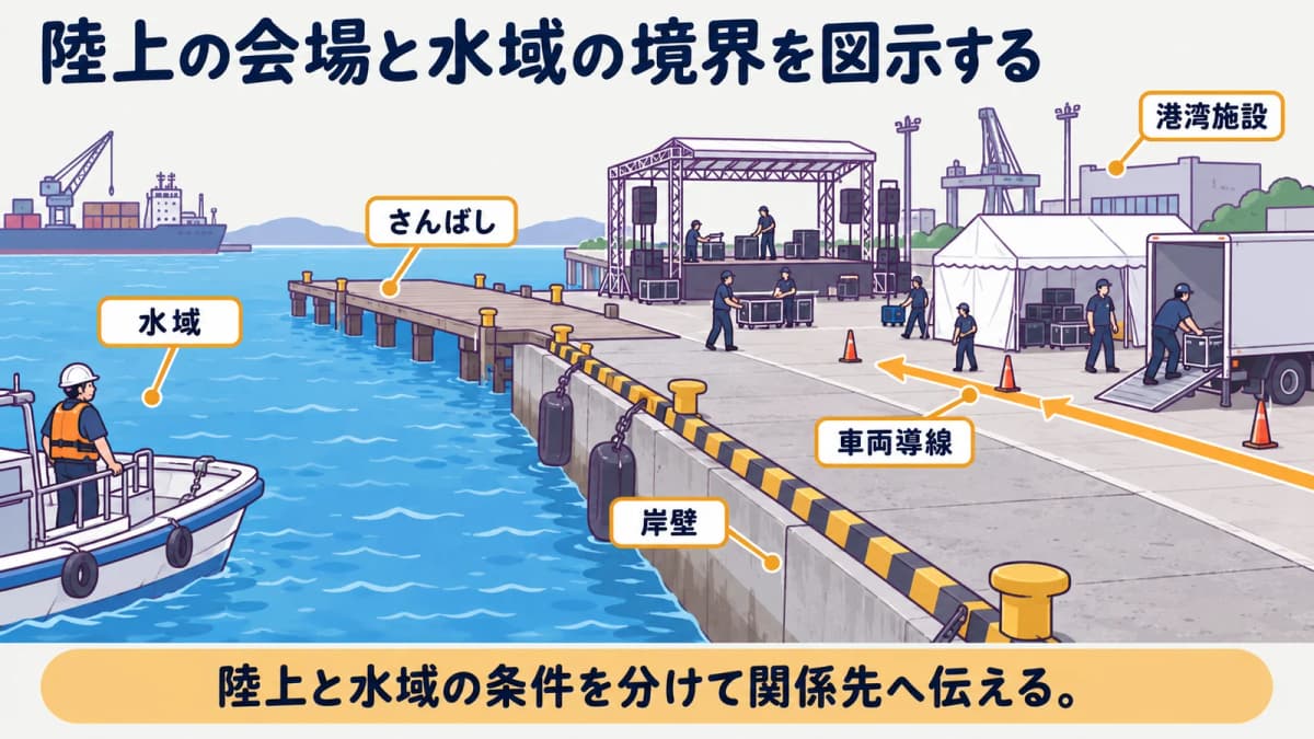 fig3:陸上の会場と水域の境界を図示する