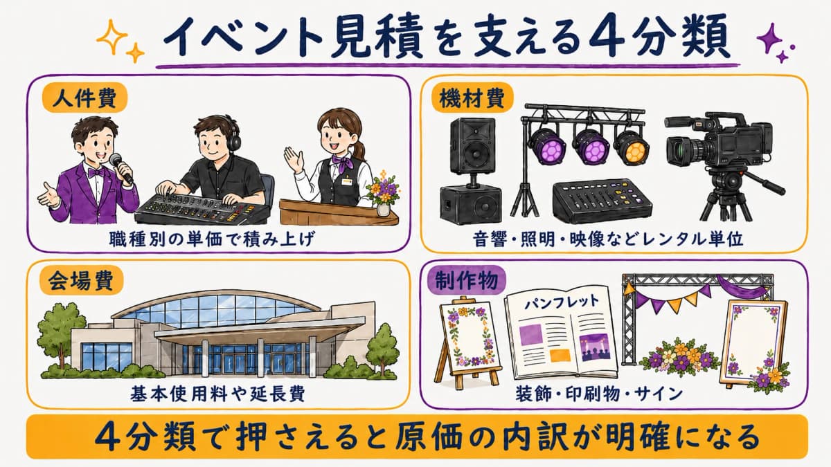 図3:見積品目の構成図(人件費・機材費・会場費・制作物の4分類)