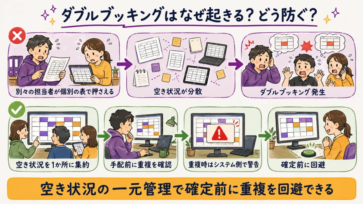 図4:手配フェーズのダブルブッキング発生メカニズムと防止の流れ図
