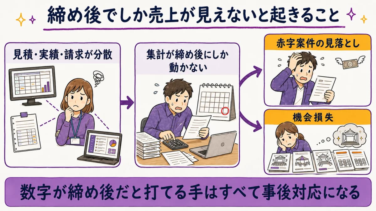 図解2:締め後判断が生む経営リスク(機会損失・赤字見落とし)の構造図