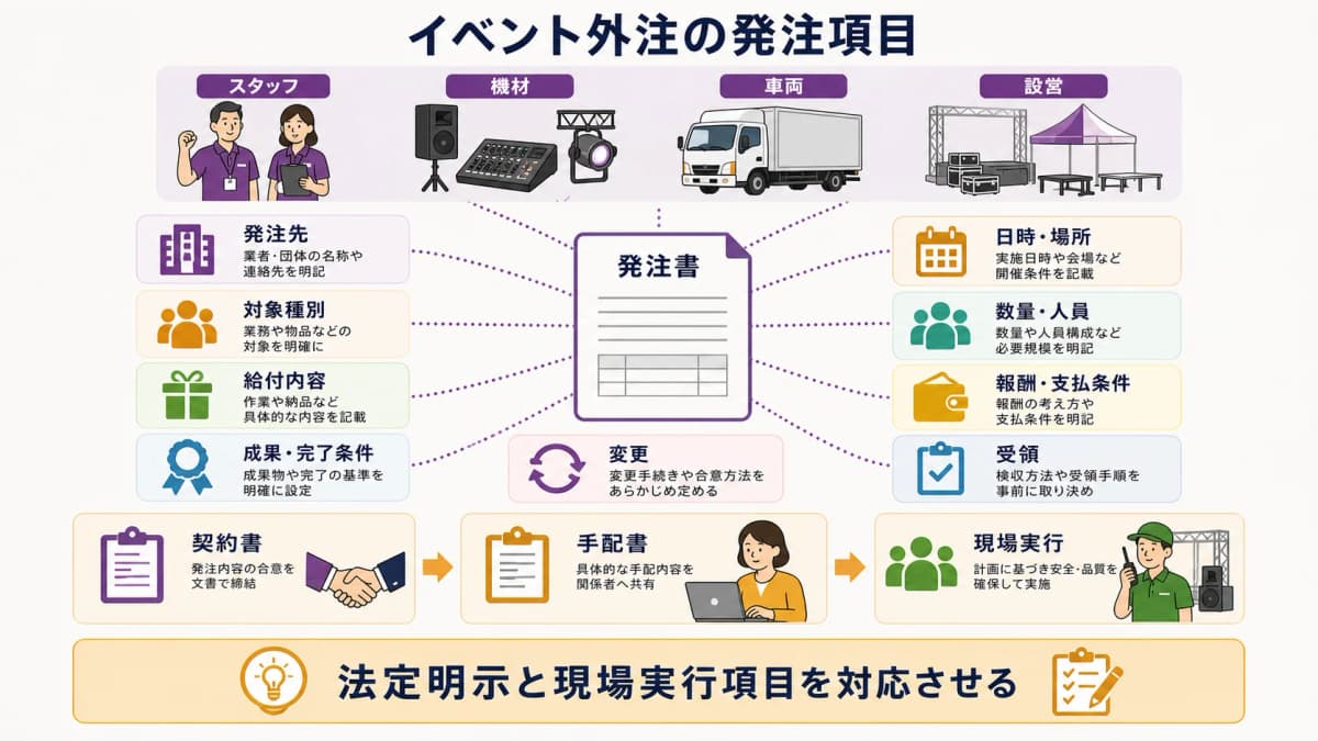 fig1:給付内容・日時場所・数量人員・報酬支払条件・受領変更を並べる項目早見表